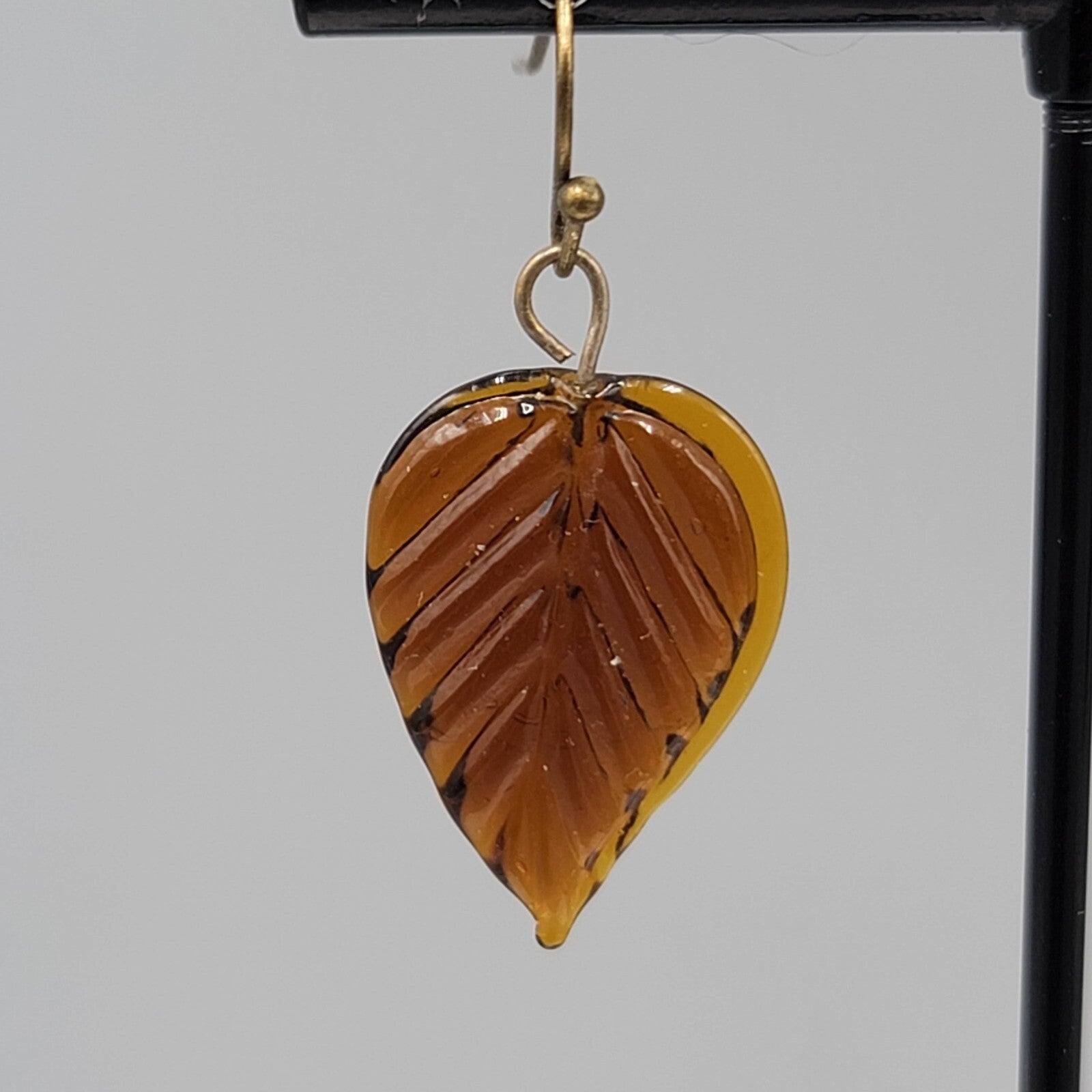 Pierced Earrings Brown Glass Leaf Dangle Bronze tone 1"