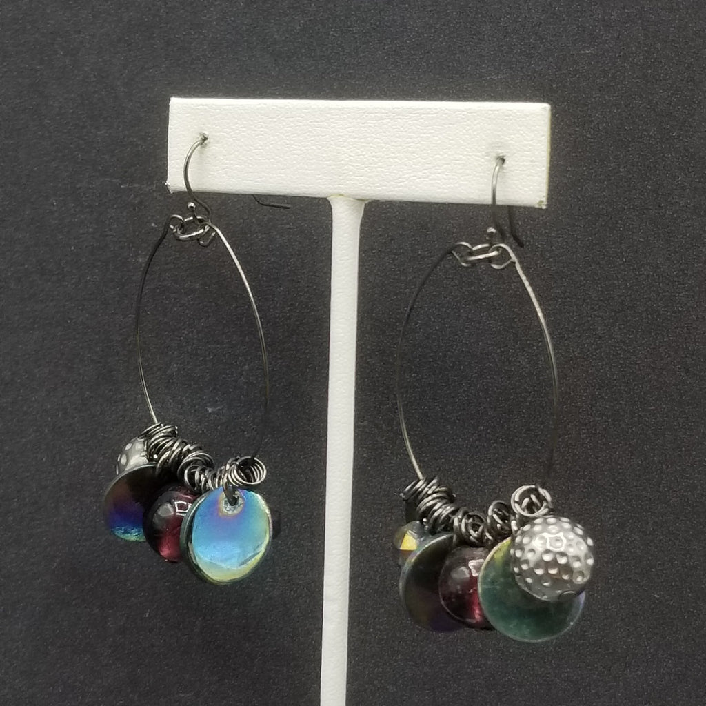Pierced Earrings Black Wire Loop Acrylic Metal Charm Dangle 2 1/4"