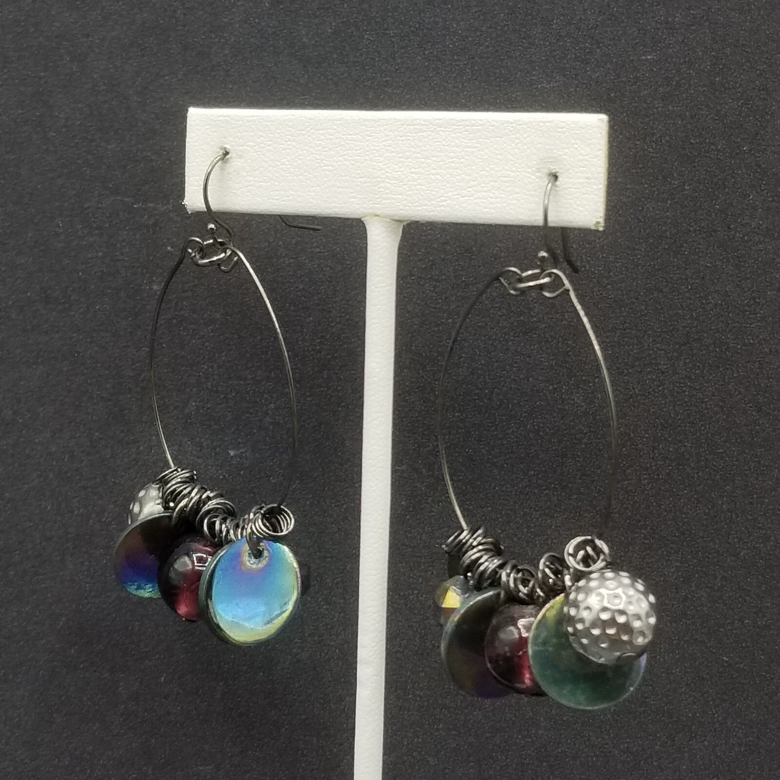 Pierced Earrings Black Wire Loop Acrylic Metal Charm Dangle 2 1/4"