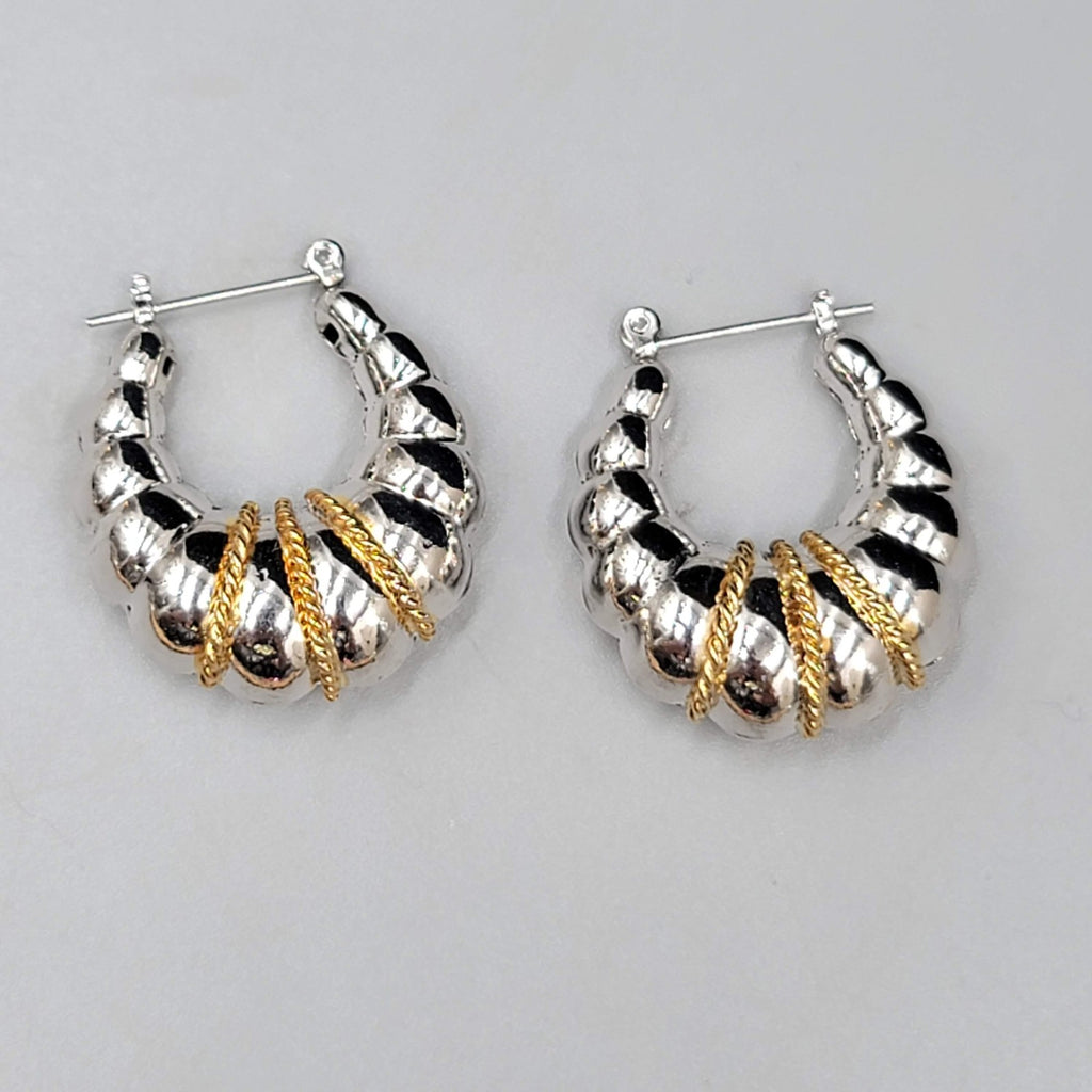 Puffy Hoop Pierced Earrings Gold tone Twisted Rope Detail Silver tone 1"