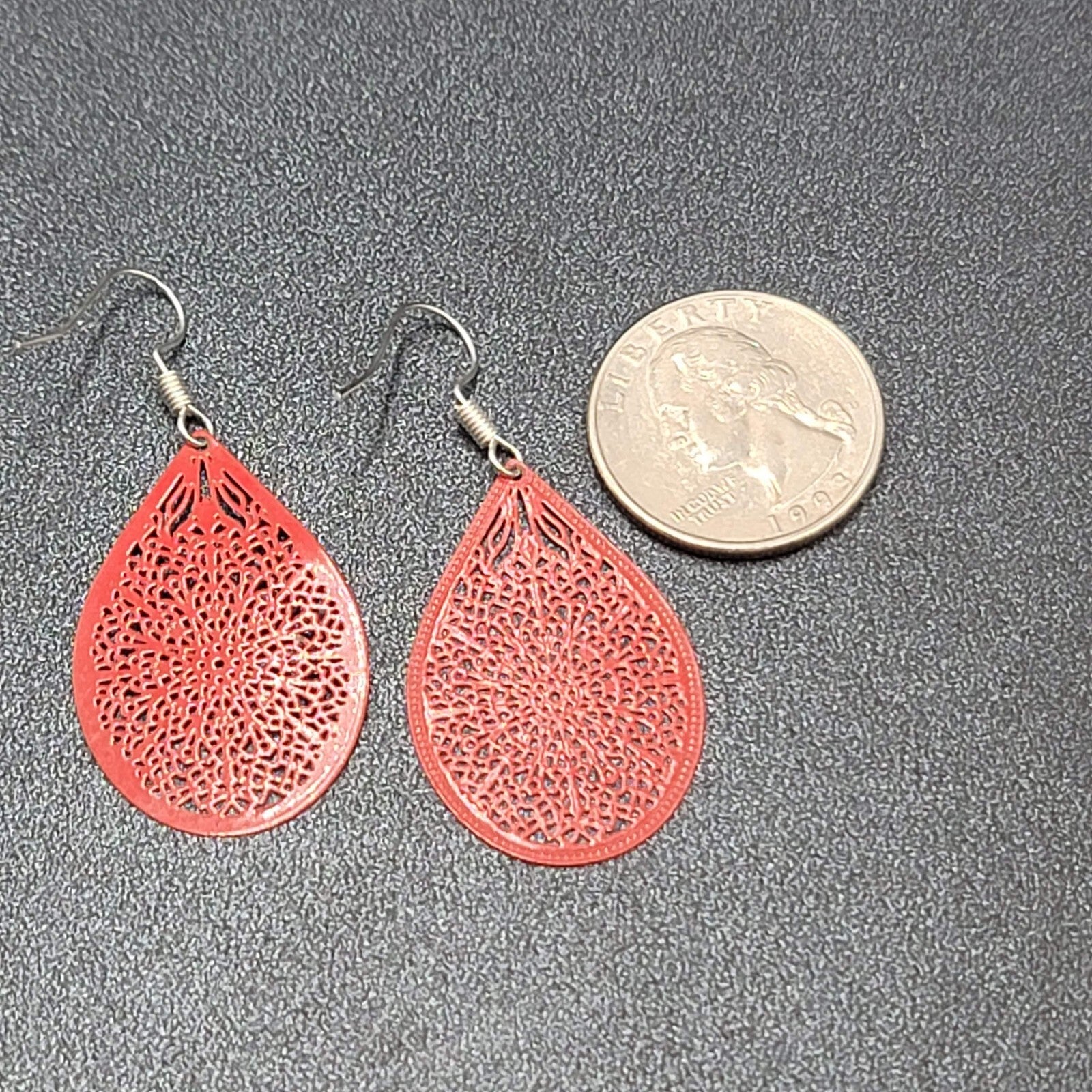 Pierced Earrings Silver tone Red Enamel Open Work Laser cut Teardrop 1 3/8"