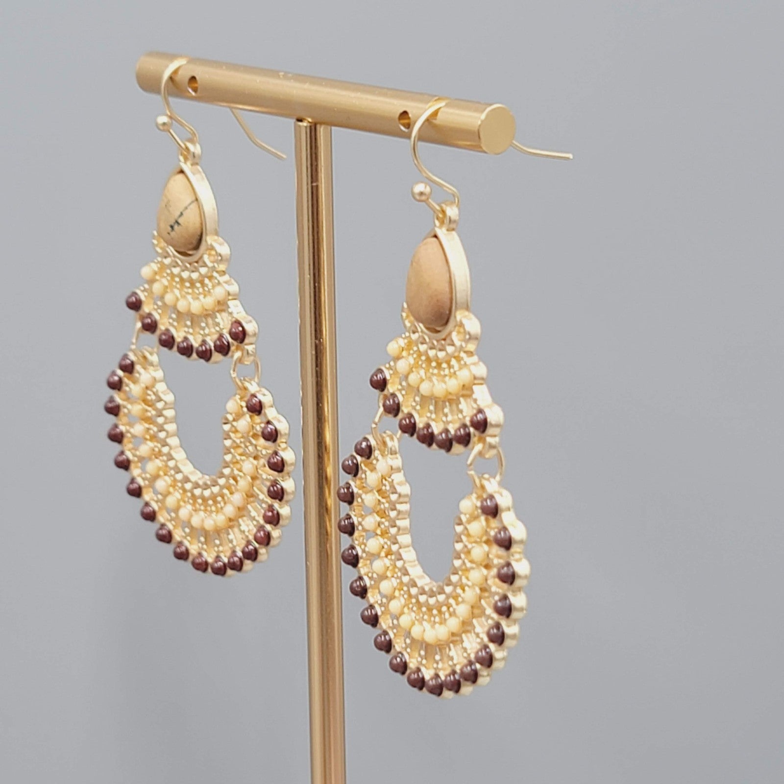 Boho Chandelier Pierced Earrings Gold toen Dangle Faux Stone 2"