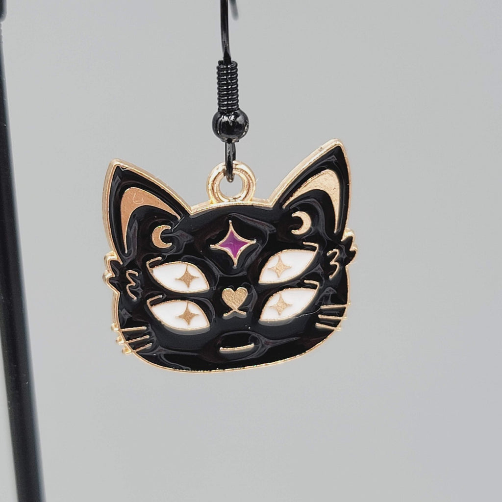 Four Eyed Black Cat Pierced Earrings Enamel Gold tone Dangle New 