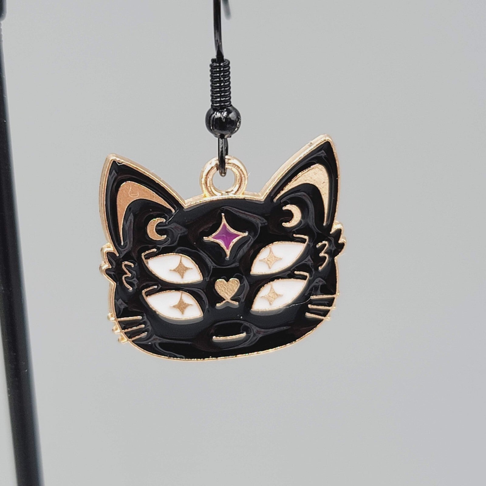 Four Eyed Black Cat Pierced Earrings Enamel Gold tone Dangle New 