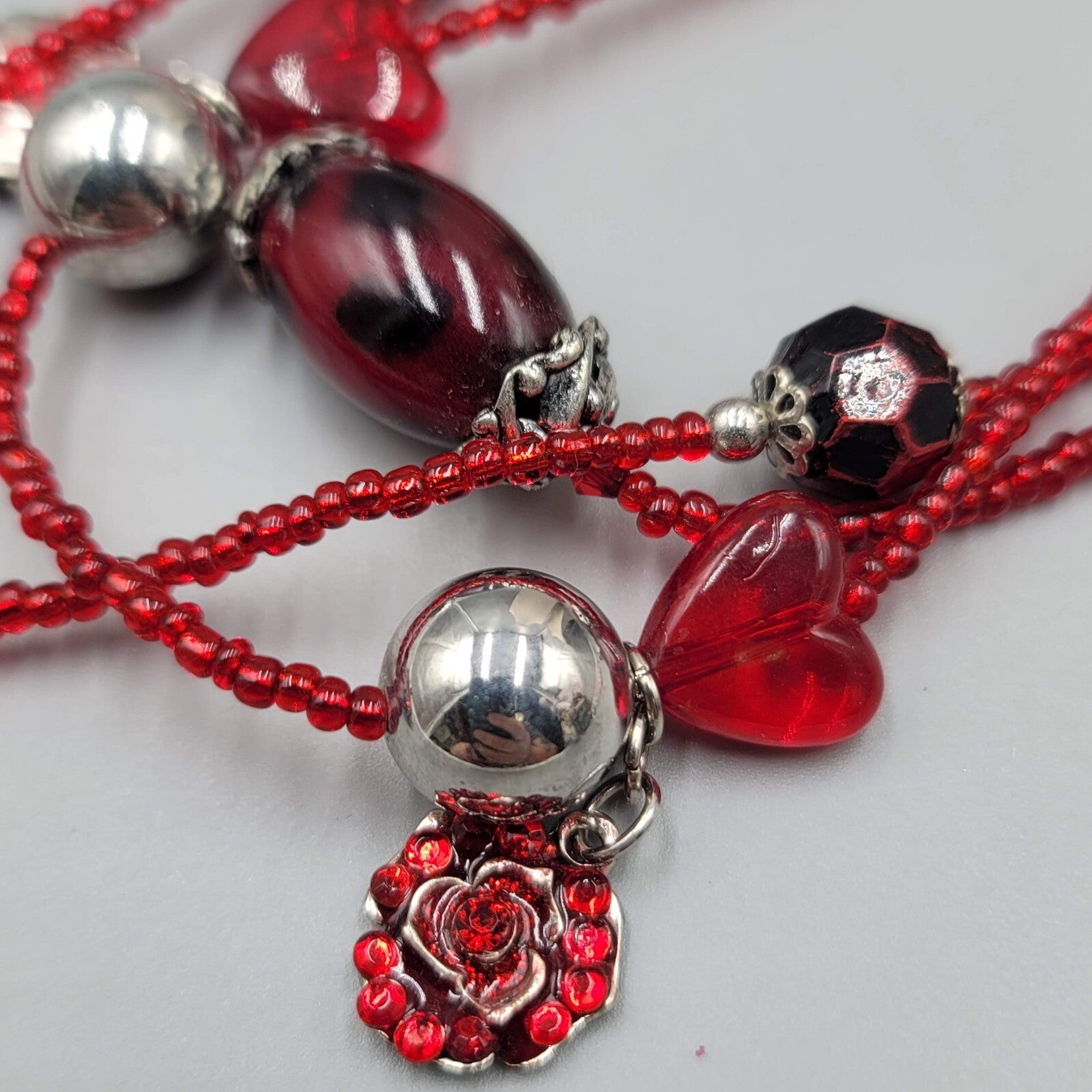 Red Bead Triple Layer Necklace Silver tone Statement Flower Pendant 20"+