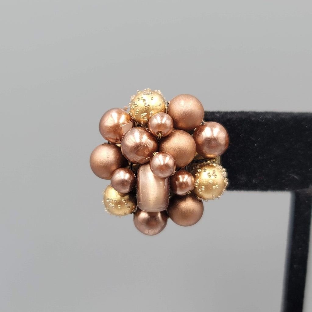 Vintage Japan Clip on Earrings Brown Cluster Bead Gold tone 7/8"