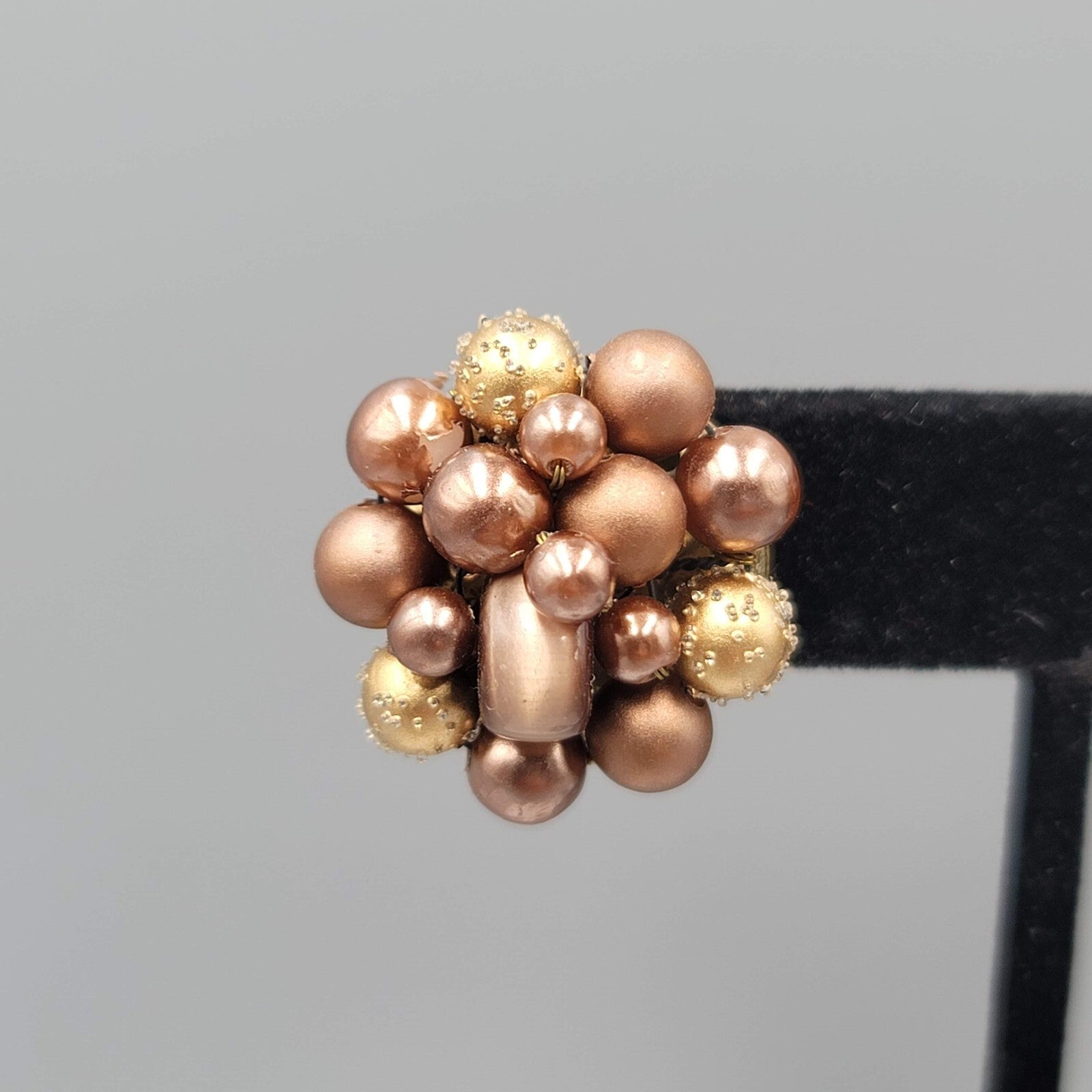 Vintage Japan Clip on Earrings Brown Cluster Bead Gold tone 7/8"