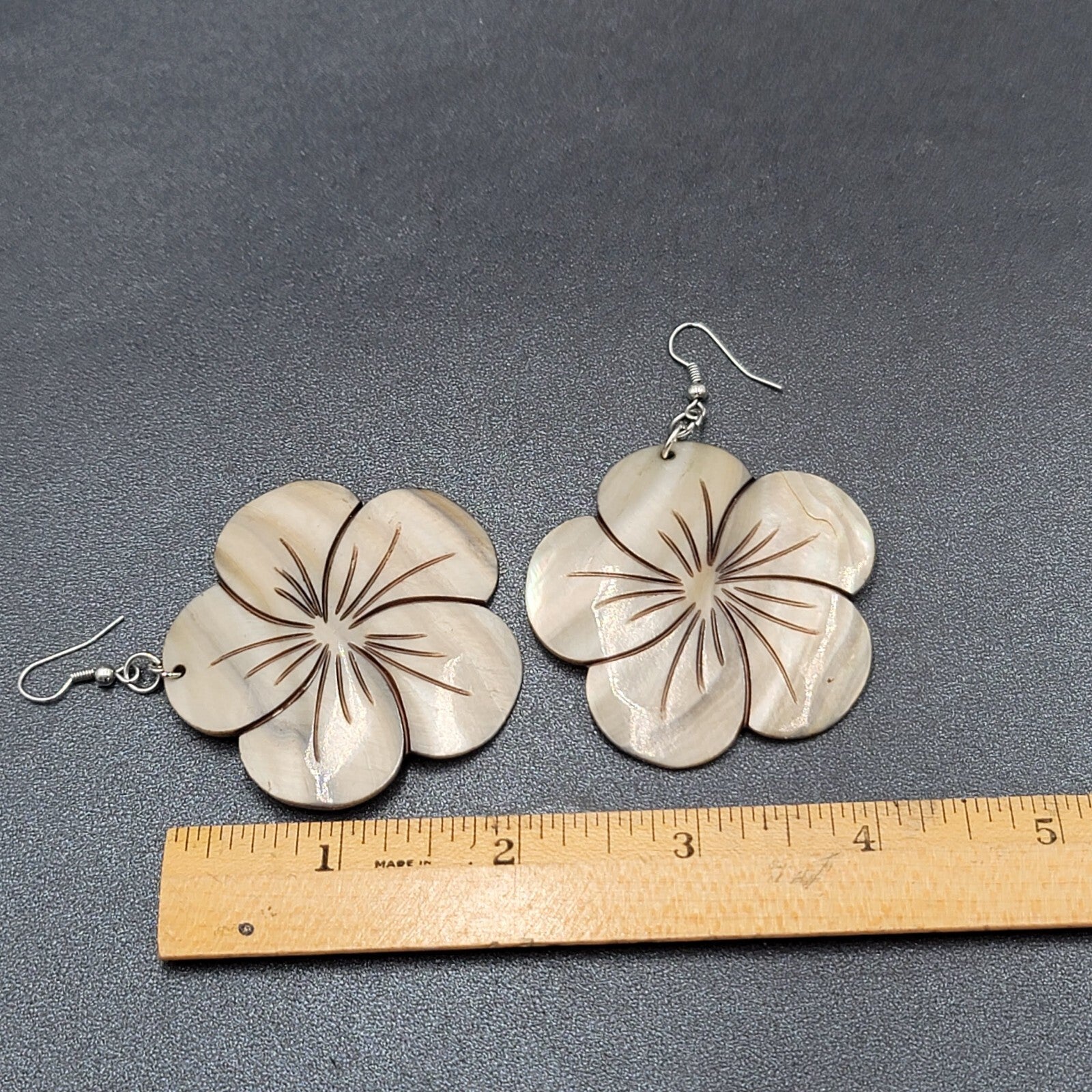 Flower Pierced Earrings Large Carved Shell Silver tone 2"