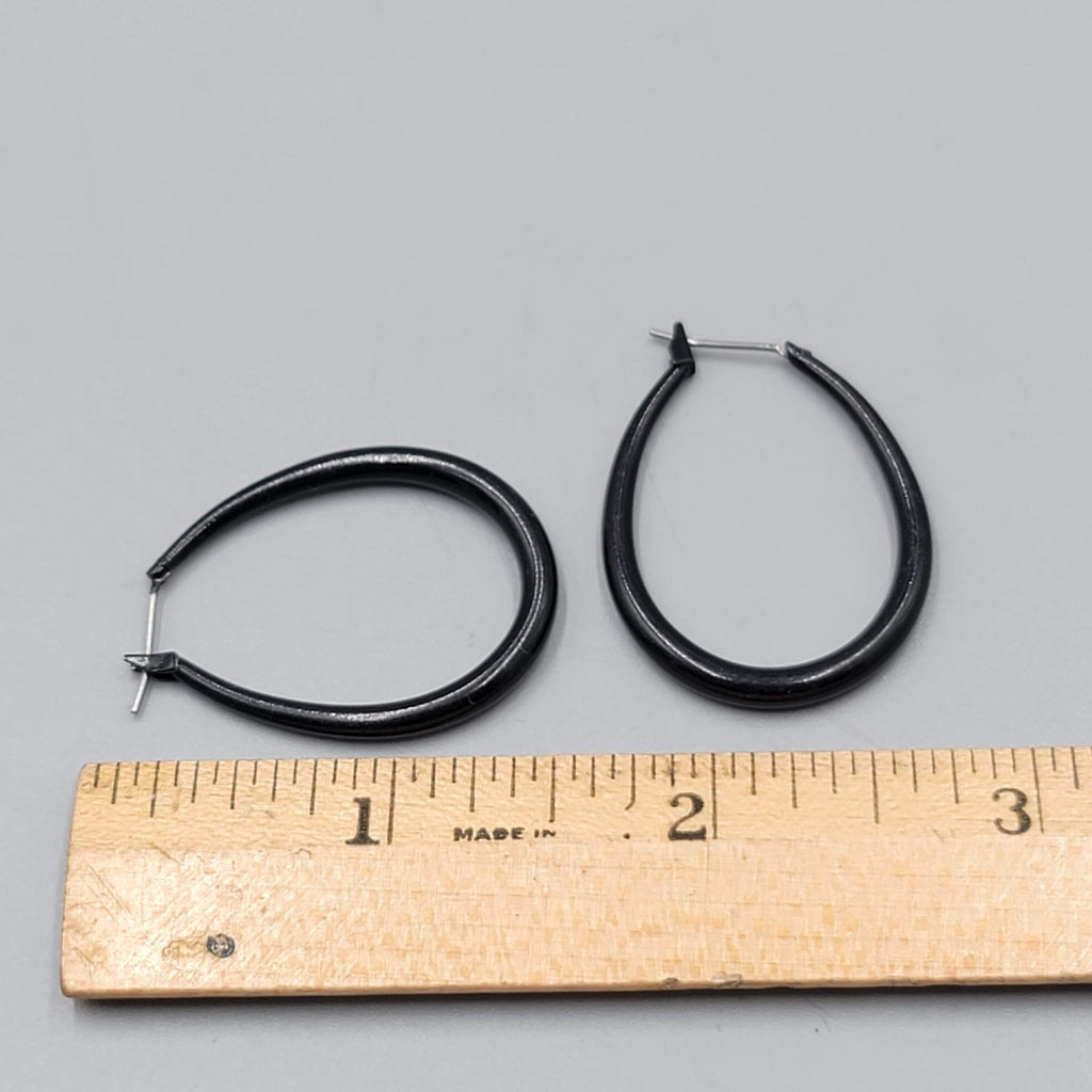 Black Oval Hoops Pierced Earrings Enamel 1 3/8 in