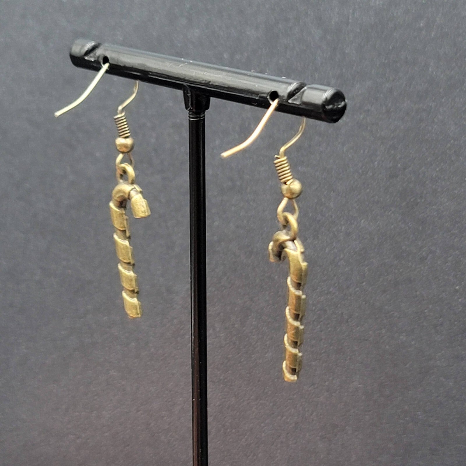 Candy Cane Pierced Earrings Embossed Bronze tone Dangle 1"