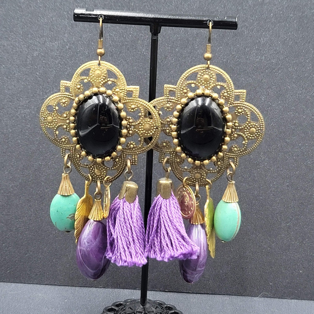 Pierced Earrings Large Statement Bronze tone Purple Tassel Boho Charms 3.5"