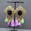 Pierced Earrings Large Statement Bronze tone Purple Tassel Boho Charms 3.5"