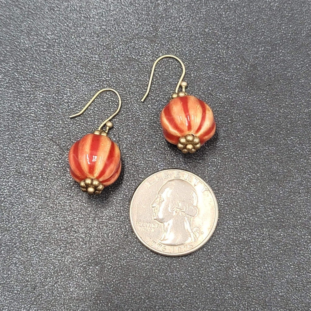 Pierced Earrings Gold tone Hand Painted Pottery Bead Dangle 3/4"