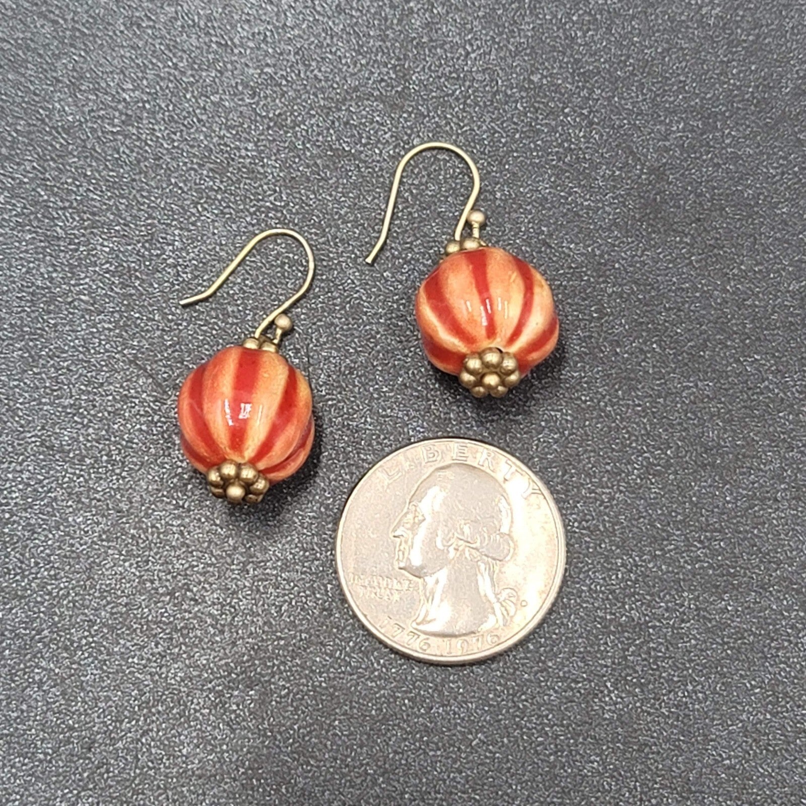 Pierced Earrings Gold tone Hand Painted Pottery Bead Dangle 3/4"