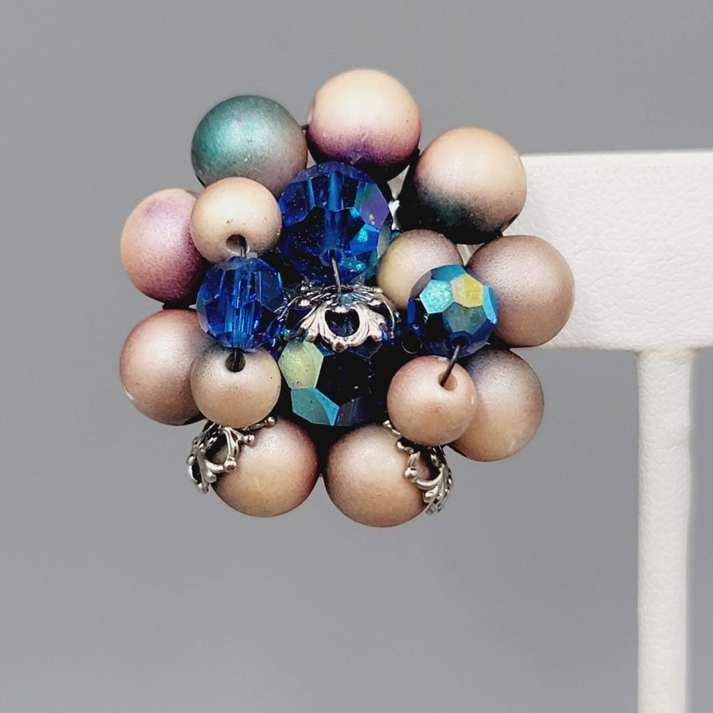Vintage Blue Tan Cluster Bead Clip on Earrings Silver tone Filigree 1.25 in