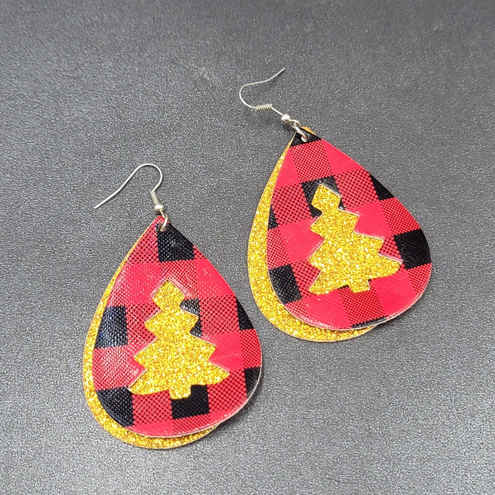 Pierced Earrings Faux Leather Gold Glitter Tree Red Plaid Silvertone Dangle 2.5"