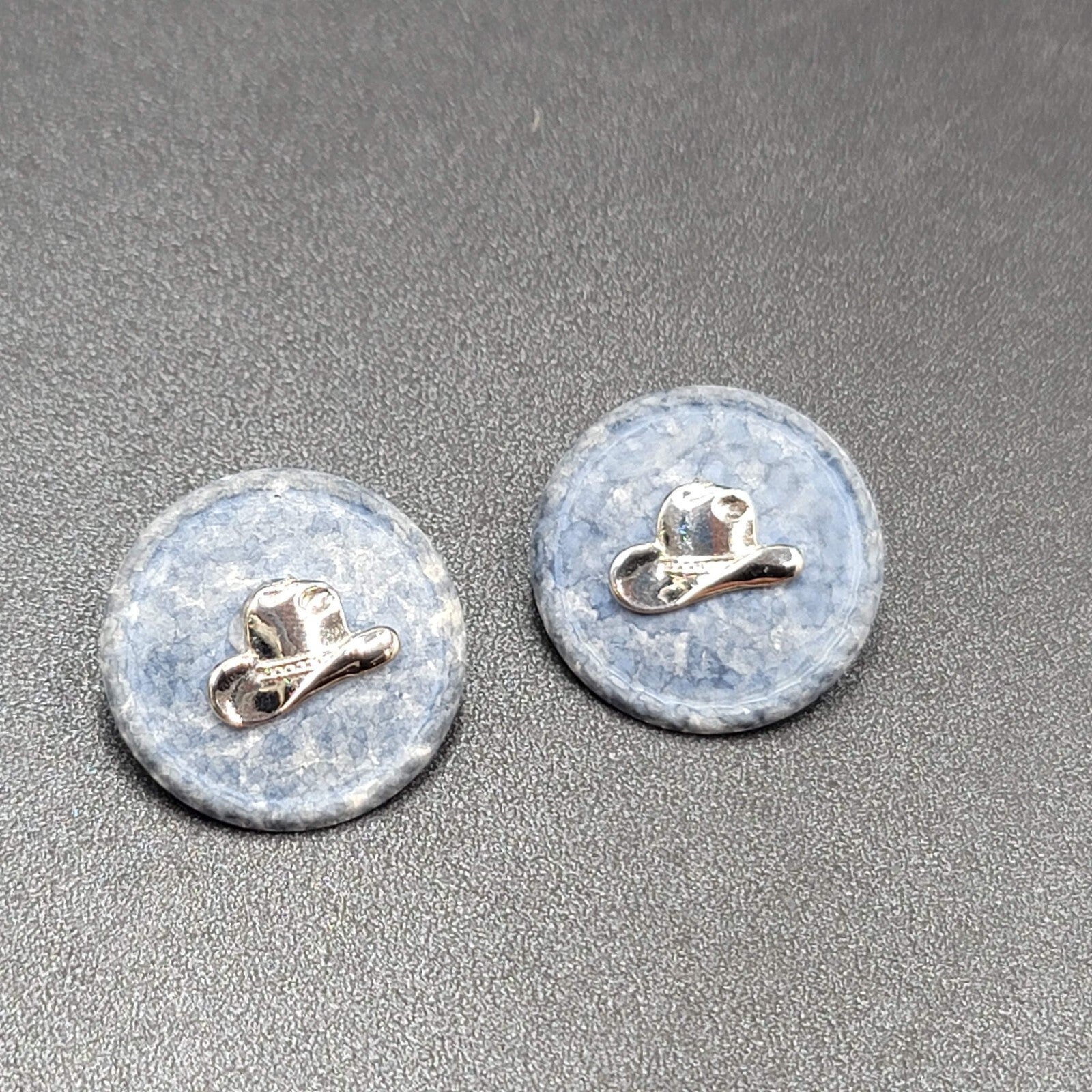 Vintage Pierced Earrings Blue Disc Western Cowboy Hat Silver tone 1 1/8"