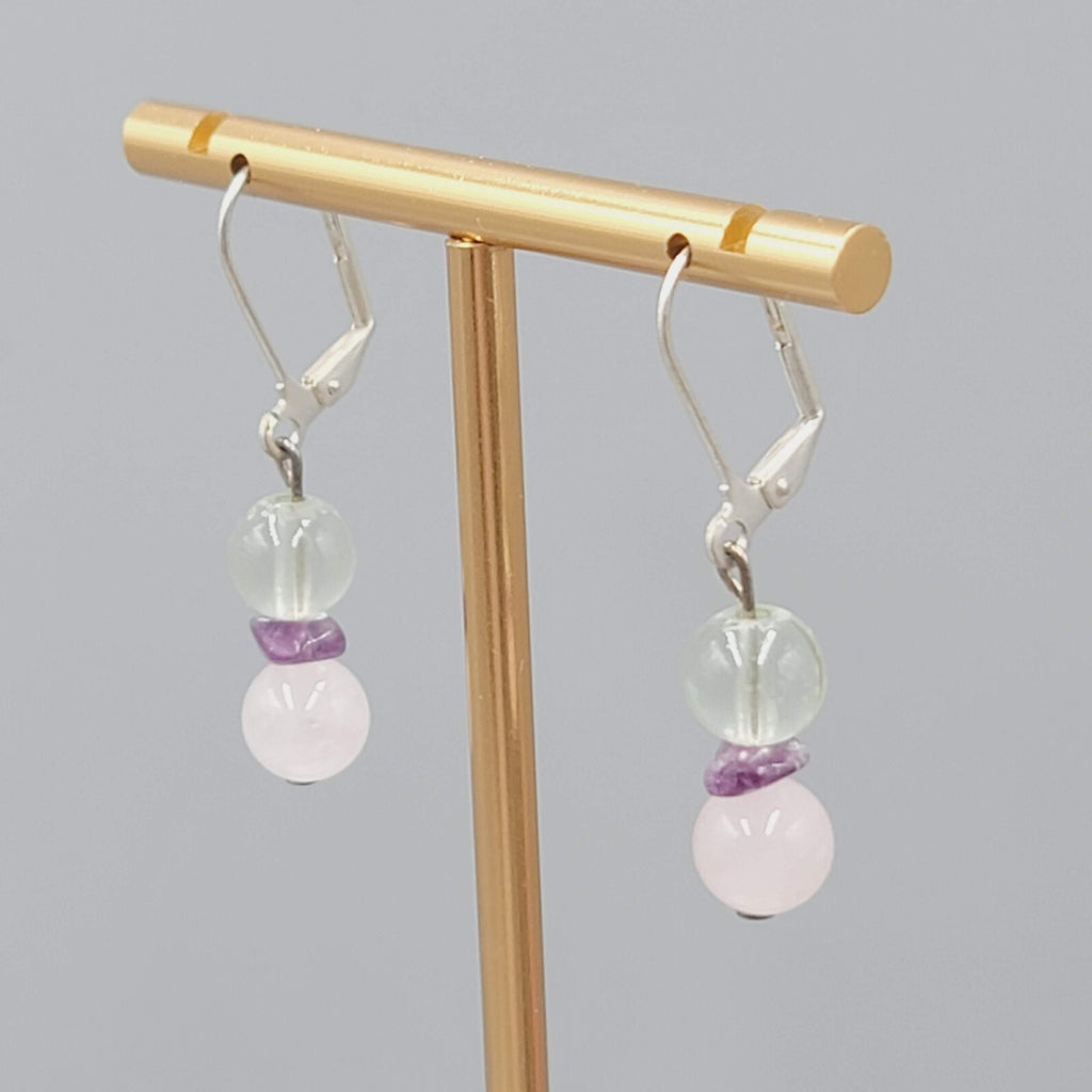 White and Pink Quartz Bead Pierced Earrings Silver tone Dangle Amethyst 7/8"