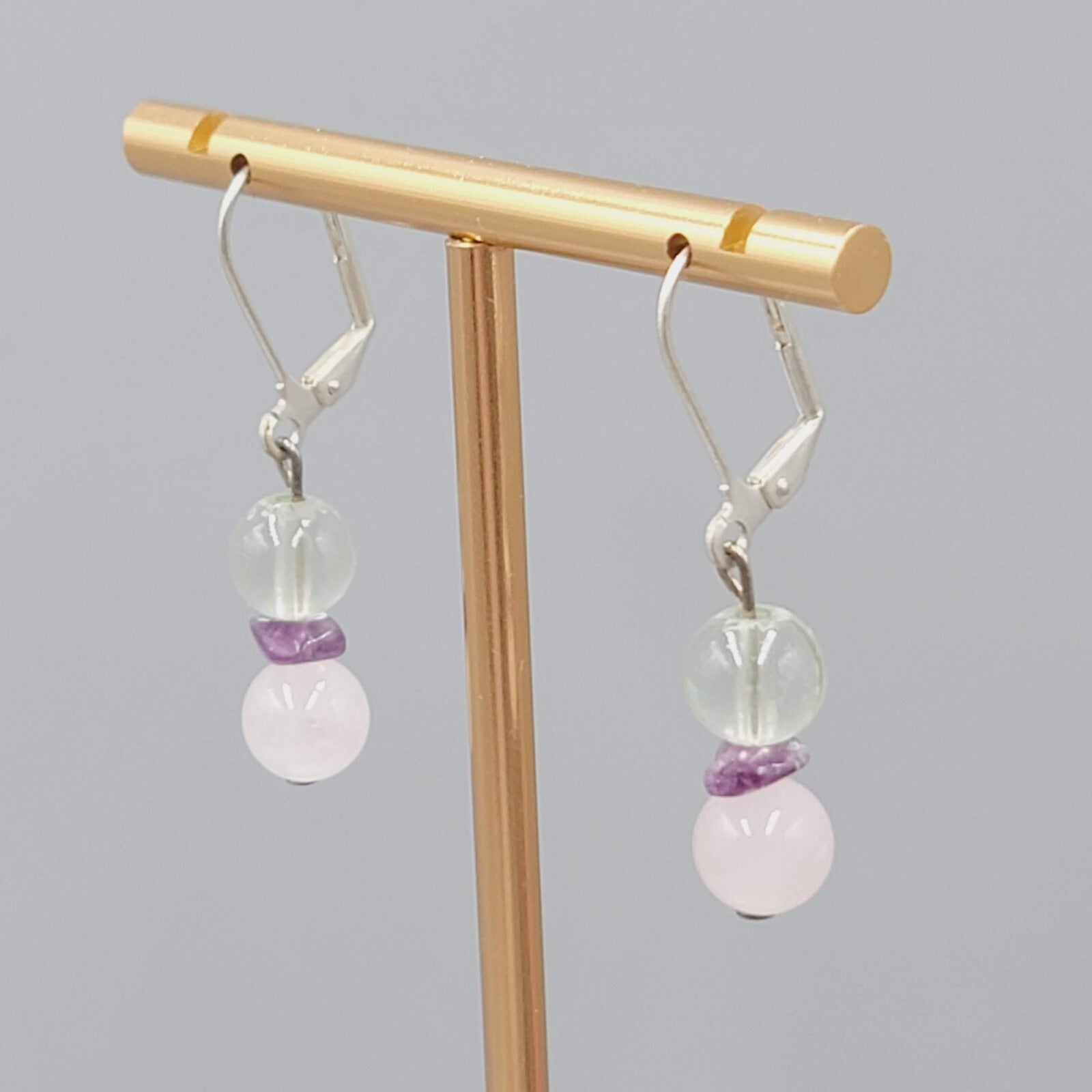 White and Pink Quartz Bead Pierced Earrings Silver tone Dangle Amethyst 7/8"