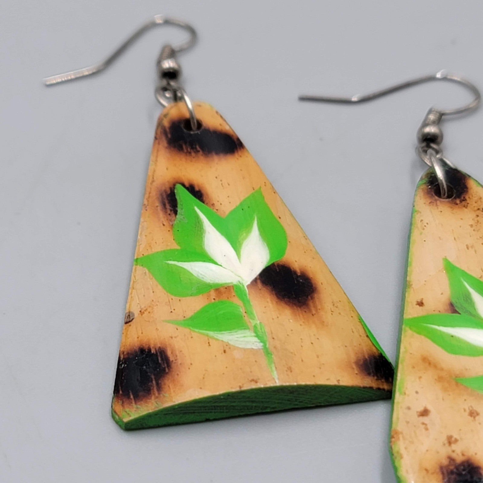 Hand Painted Beach Pierced Earrings Silver tone Dangle 1.75"