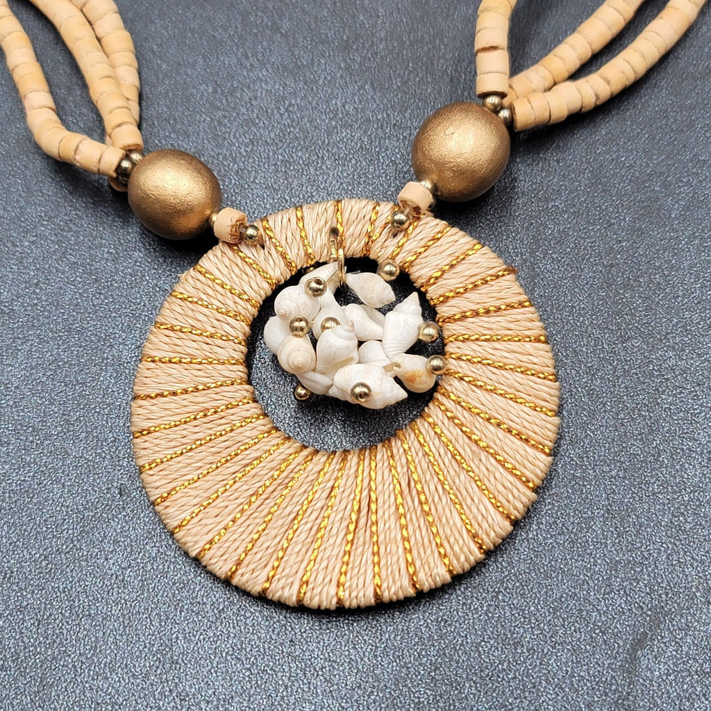 Vintage Necklace Wood Bead Shell Gold tone Boho Estate Costume Jewelry 24"