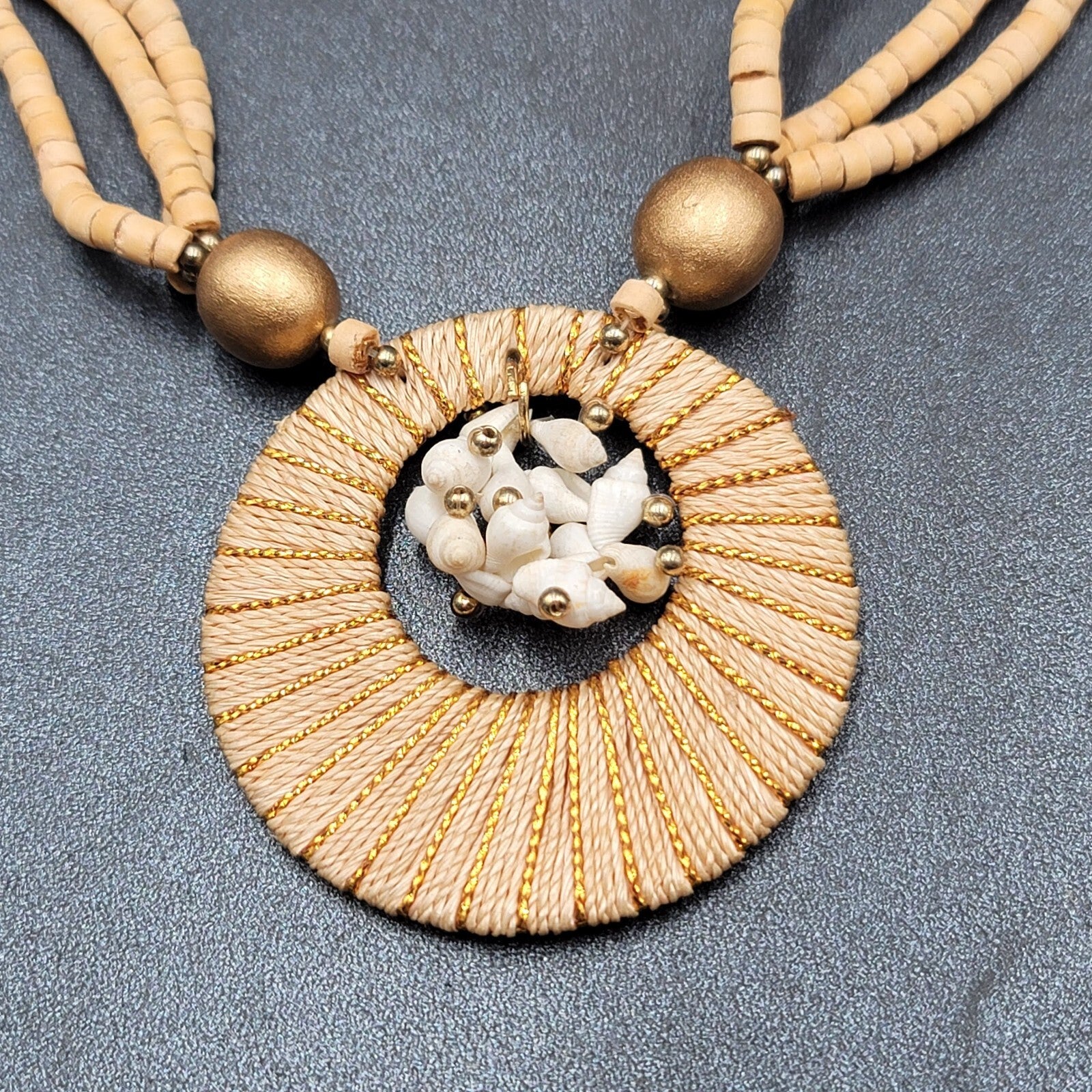 Vintage Necklace Wood Bead Shell Gold tone Boho Estate Costume Jewelry 24"