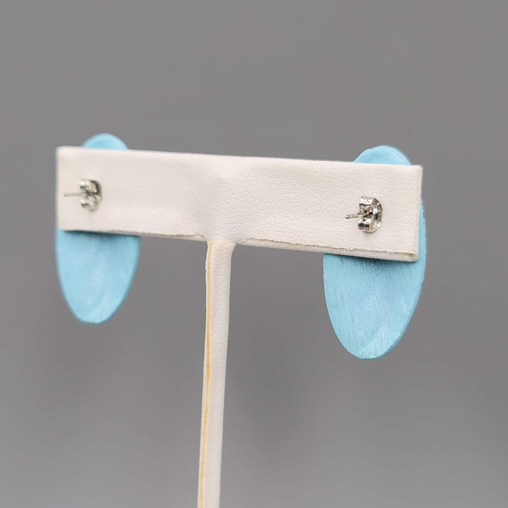 Vintage Light Blue Enamel Pierced Earrings Textured Oval Drop 1.25"