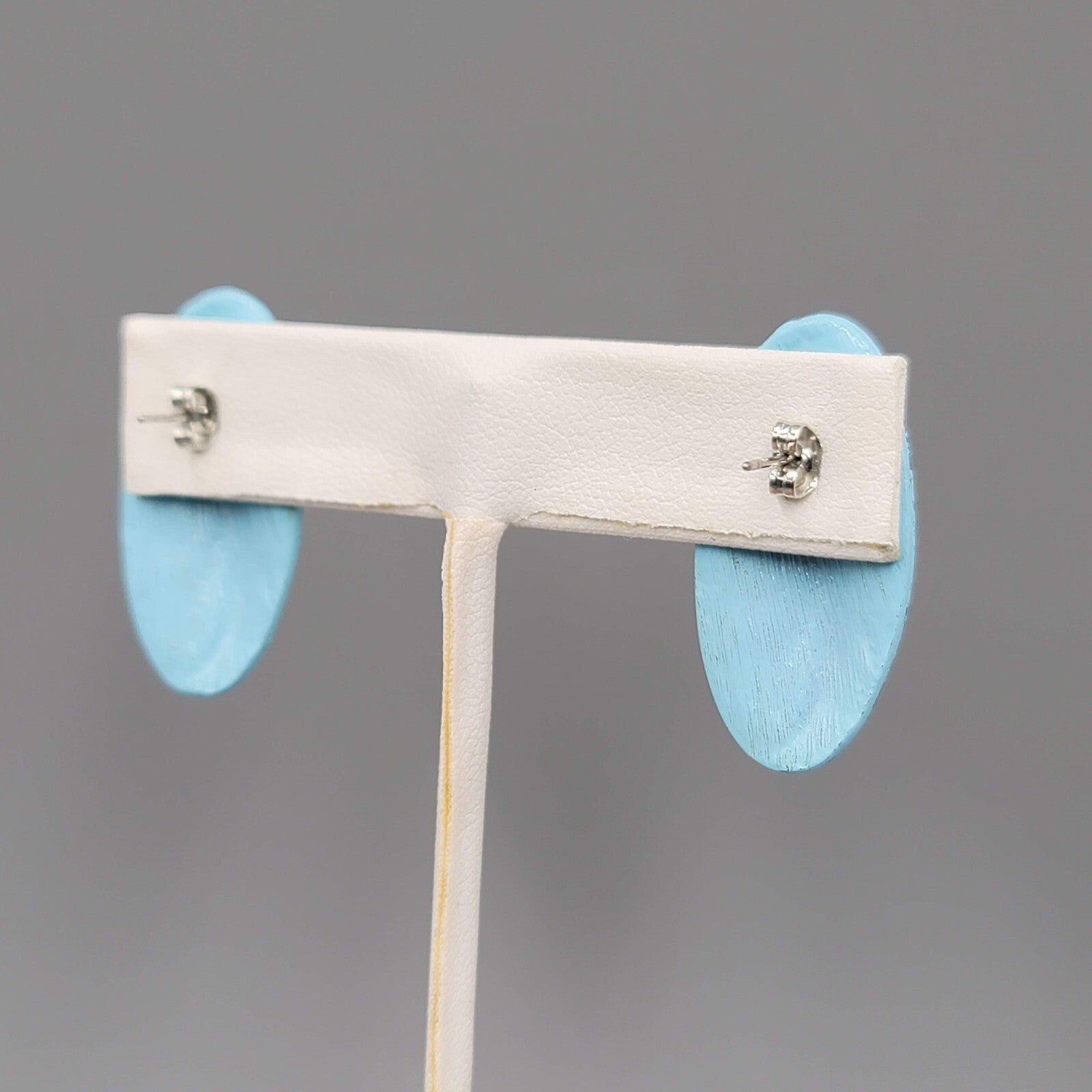 Vintage Light Blue Enamel Pierced Earrings Textured Oval Drop 1.25"