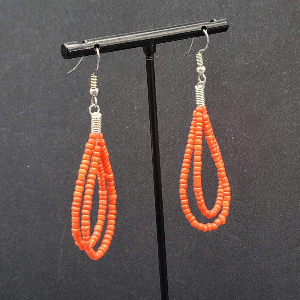 Pierced Earrings Red Seed Bead Double Teardrop Loops Dangle 2"