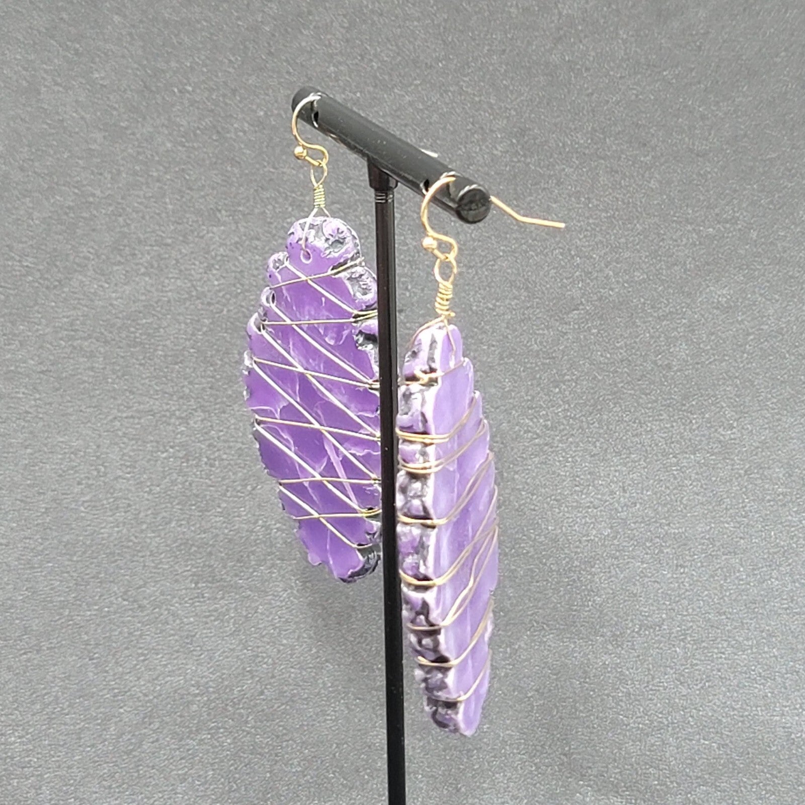 Artisan Pierced Earrings Wire Wrapped Purple Stone Dangle 2"