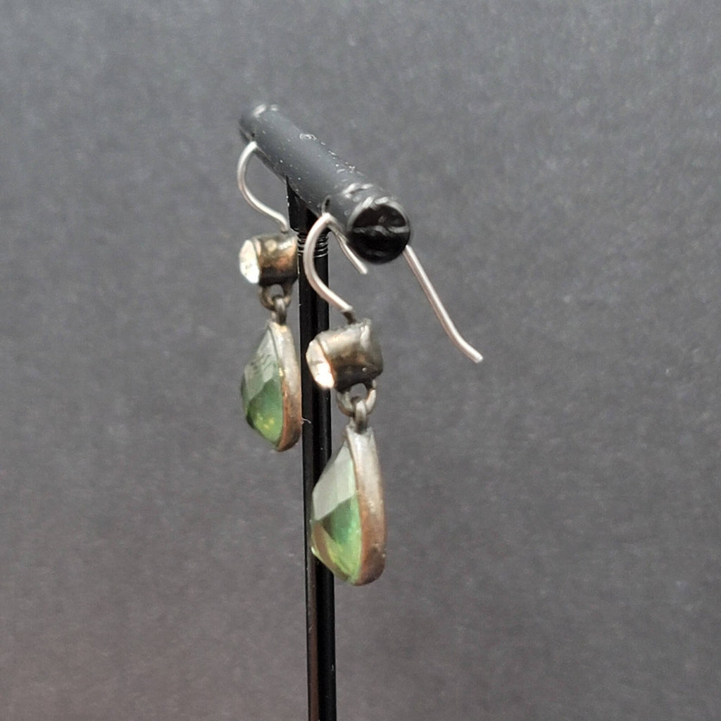 Pierced Earrings Bronze tone Green Faceted Teardrop Stone 3/4"