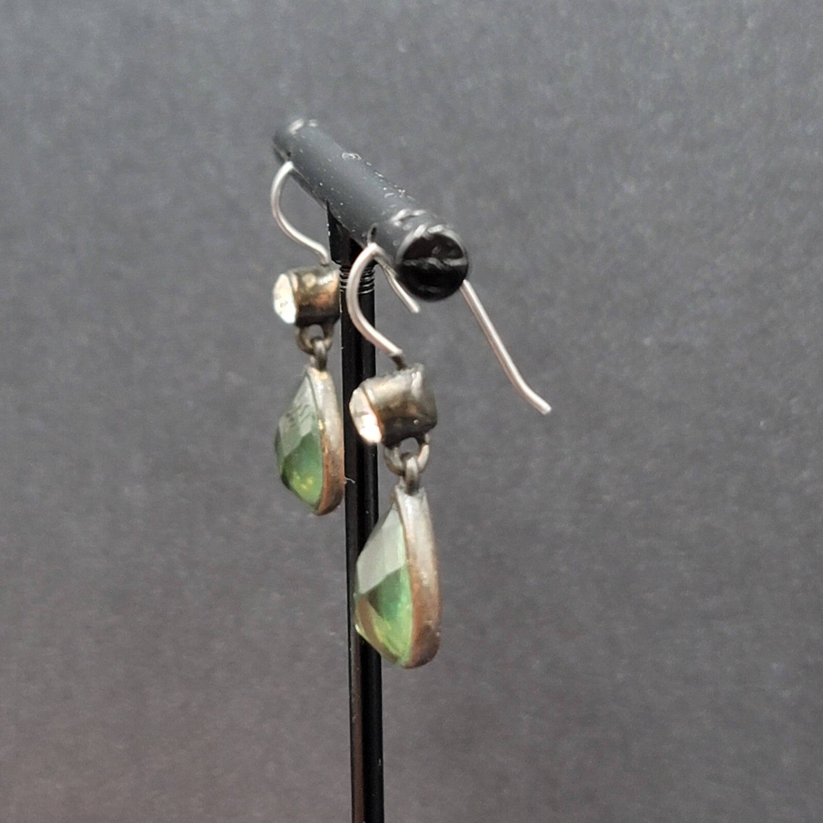 Pierced Earrings Bronze tone Green Faceted Teardrop Stone 3/4"