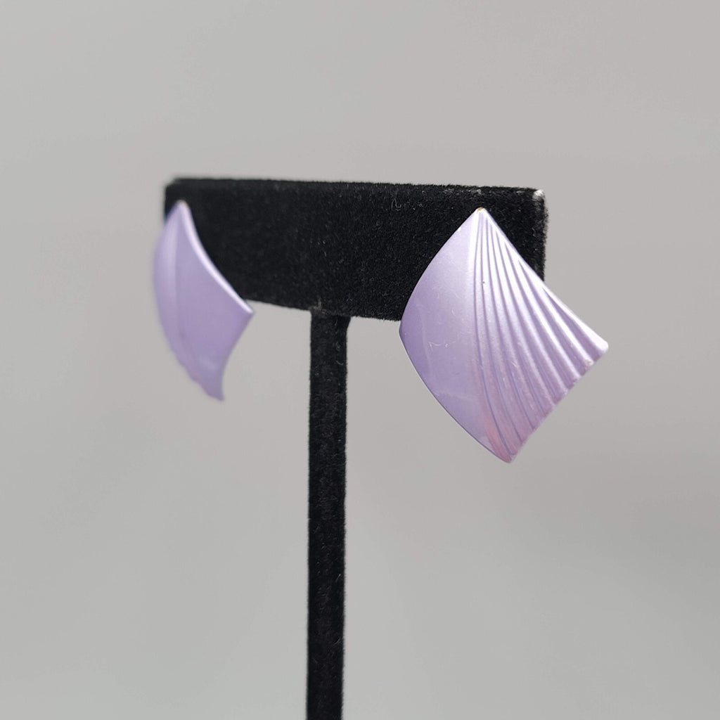 Vintage Pierced Earrings Satin Enamel Lavender Purple Square Drop 1"