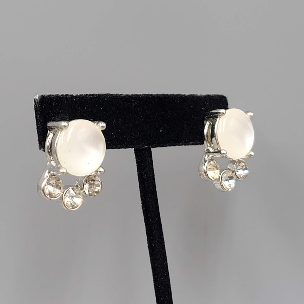 White Moonglow Rhinestone Rhinestone Pierced Earrings Silver tone Drop 3/4 in