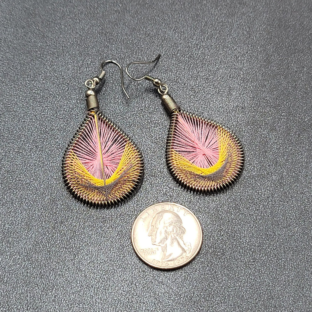 Pierced Earrings Silver tone String Art Yellow Pink Purple Teardrop 2"