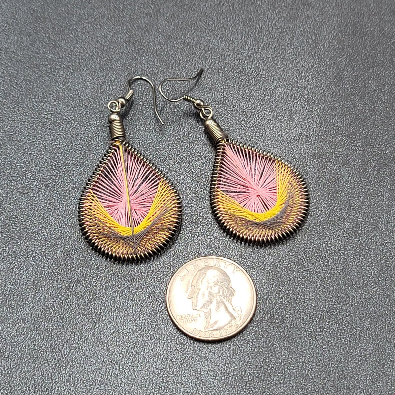 Pierced Earrings Silver tone String Art Yellow Pink Purple Teardrop 2"