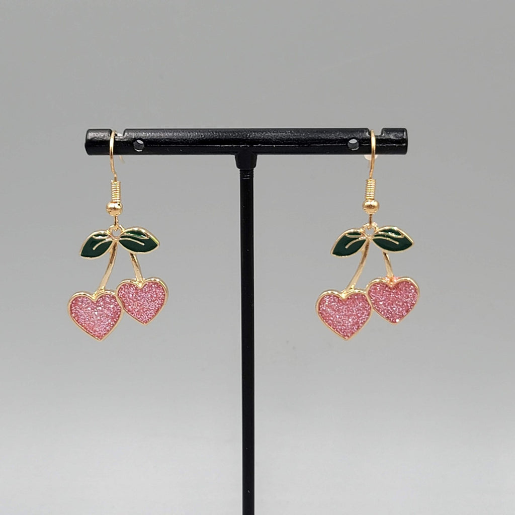 Heart Cherry Dangle Pierced Earrings Glitter Enamel Gold Tone Cute 1"