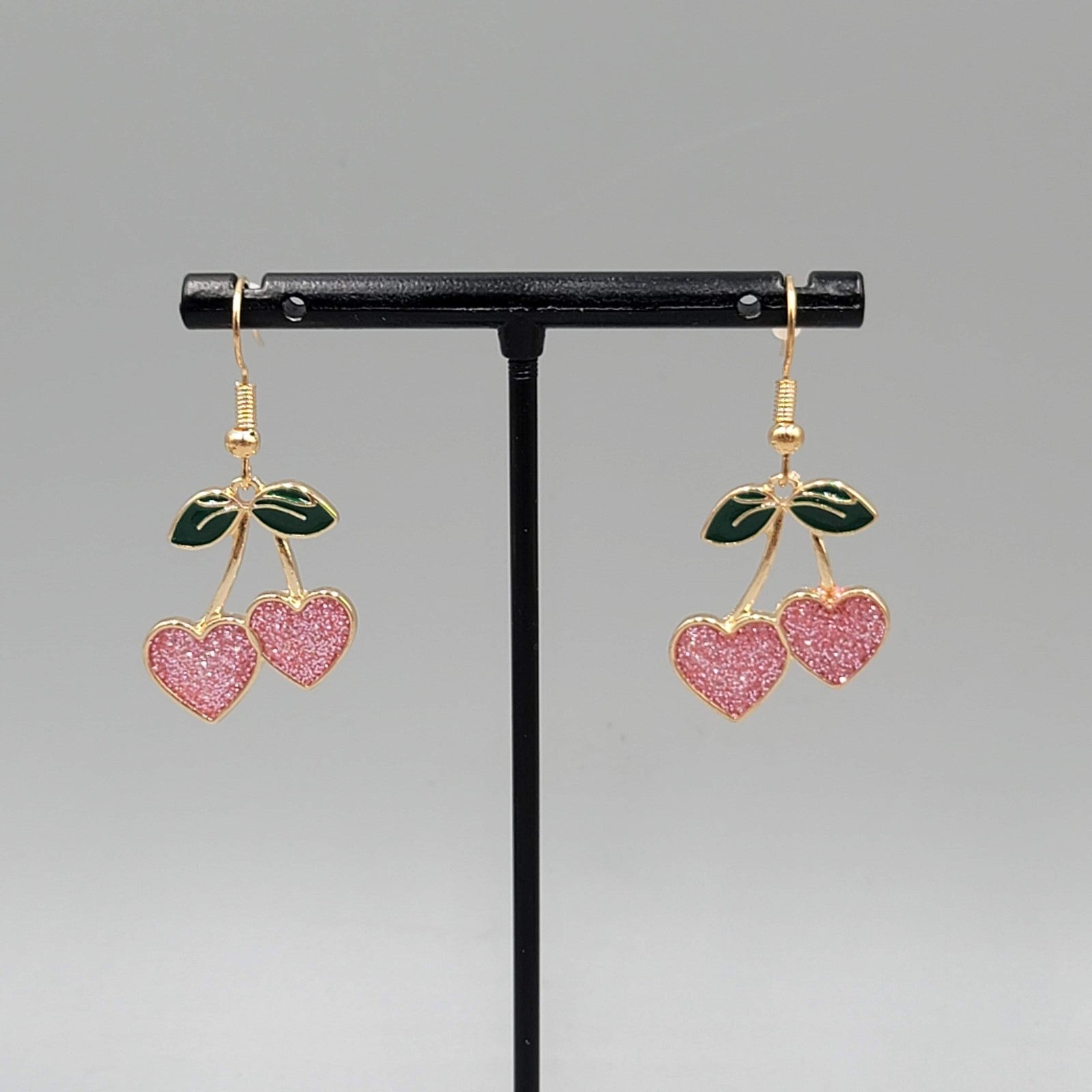 Heart Cherry Dangle Pierced Earrings Glitter Enamel Gold Tone Cute 1"