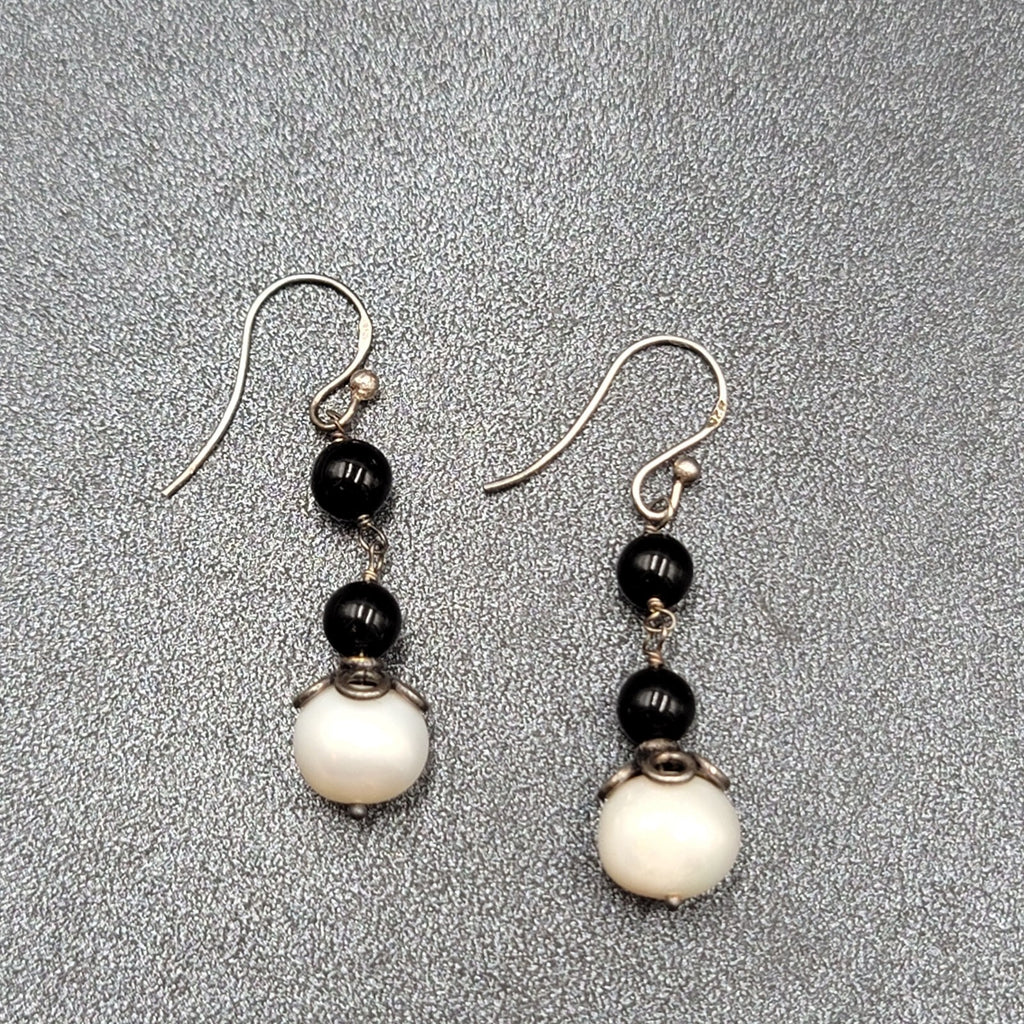 Sterling Silver Pierced Earrings Capped Pearl Bead Dangle 1.25"