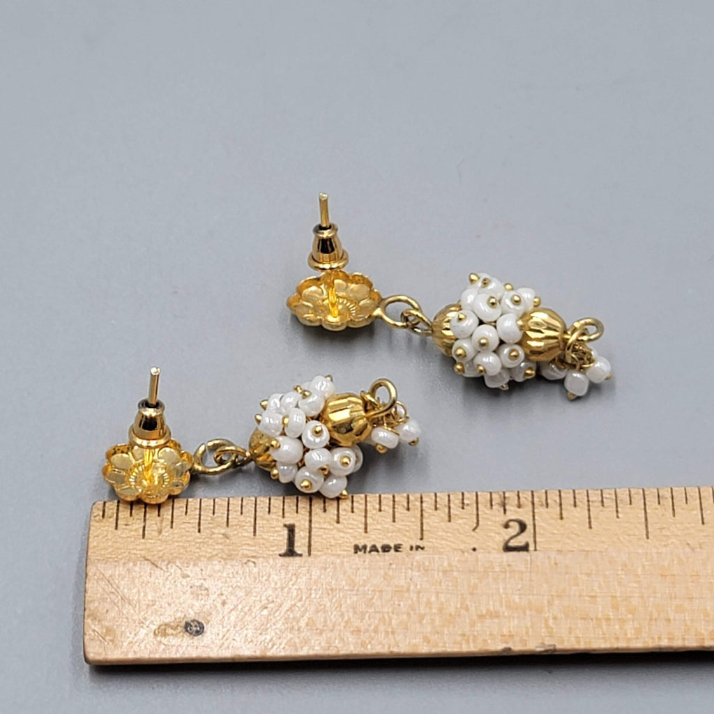 India Gold Plated Pierced Earrings White Bead Dangle 1.5"