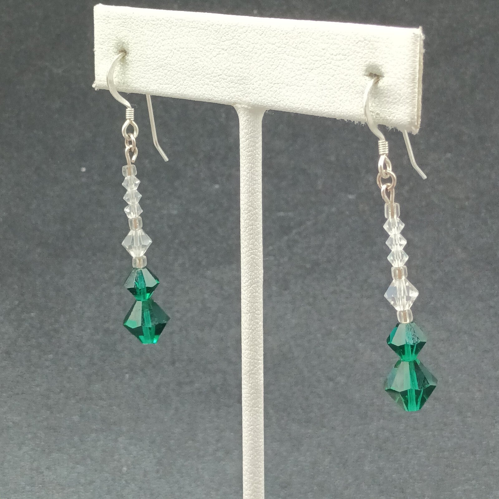 Pierced Earrings Silver tone Hook Faceted Clear Green Beaded Dangle 1 1/4"