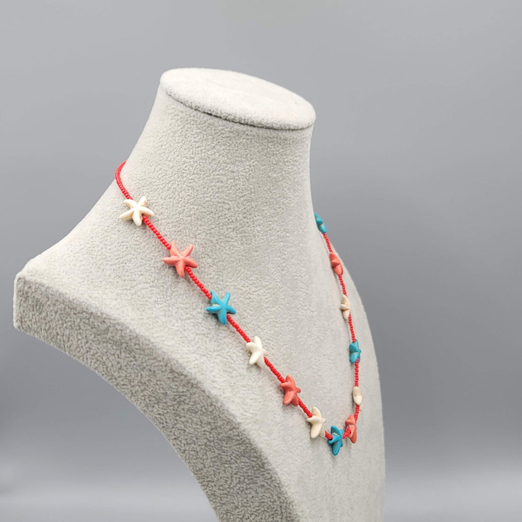 Red White Blue Stone Starfish Bead Necklace 20 in