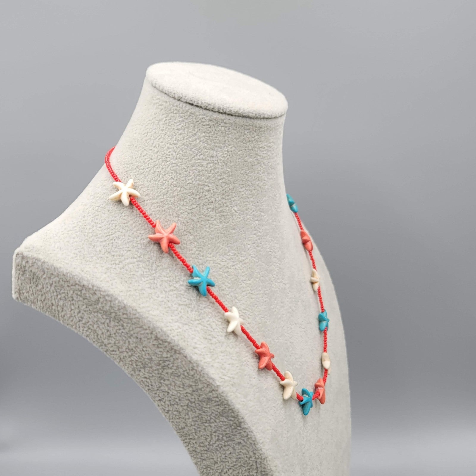Red White Blue Stone Starfish Bead Necklace 20 in