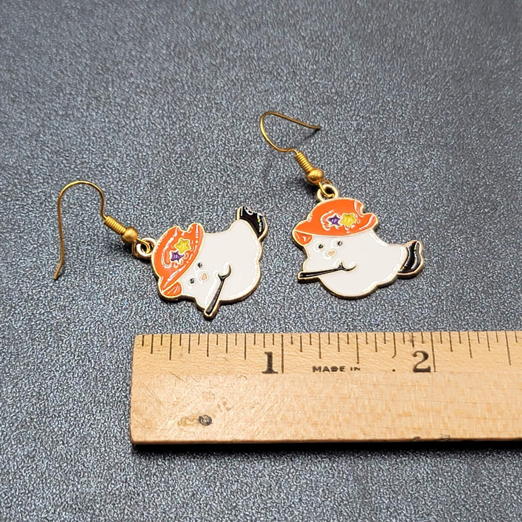 Halloween Witch Ghost Pierced Earrings Gold tone Enamel Dangle New 7/8"