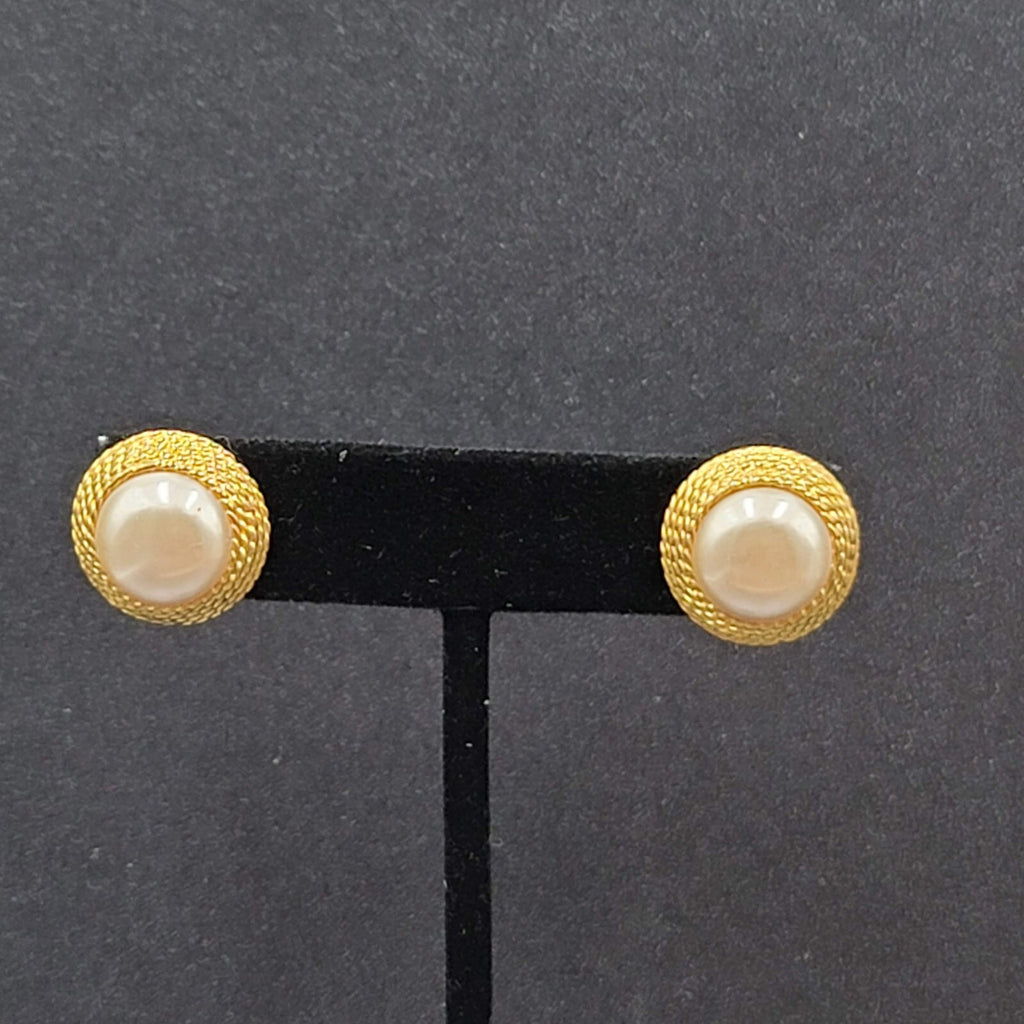 Vintage Pierced Earrings Gold Plated White Round Cabochon Studs 5/8"