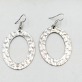 Open Oval Dangle Pierced Earrings Hammered Metal Silver tone 1.75"