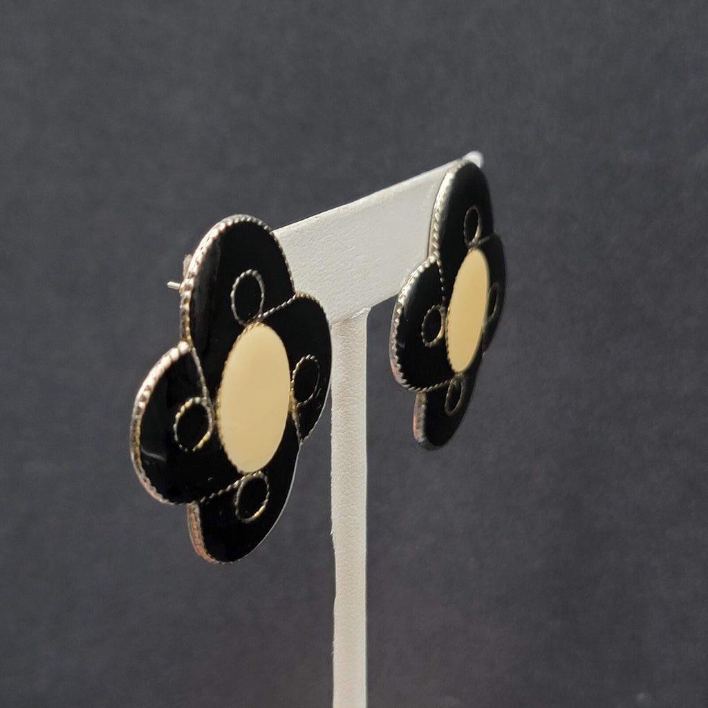 Vintage Pierced Earrings Black Cream Enamel Large Statement 1.5"