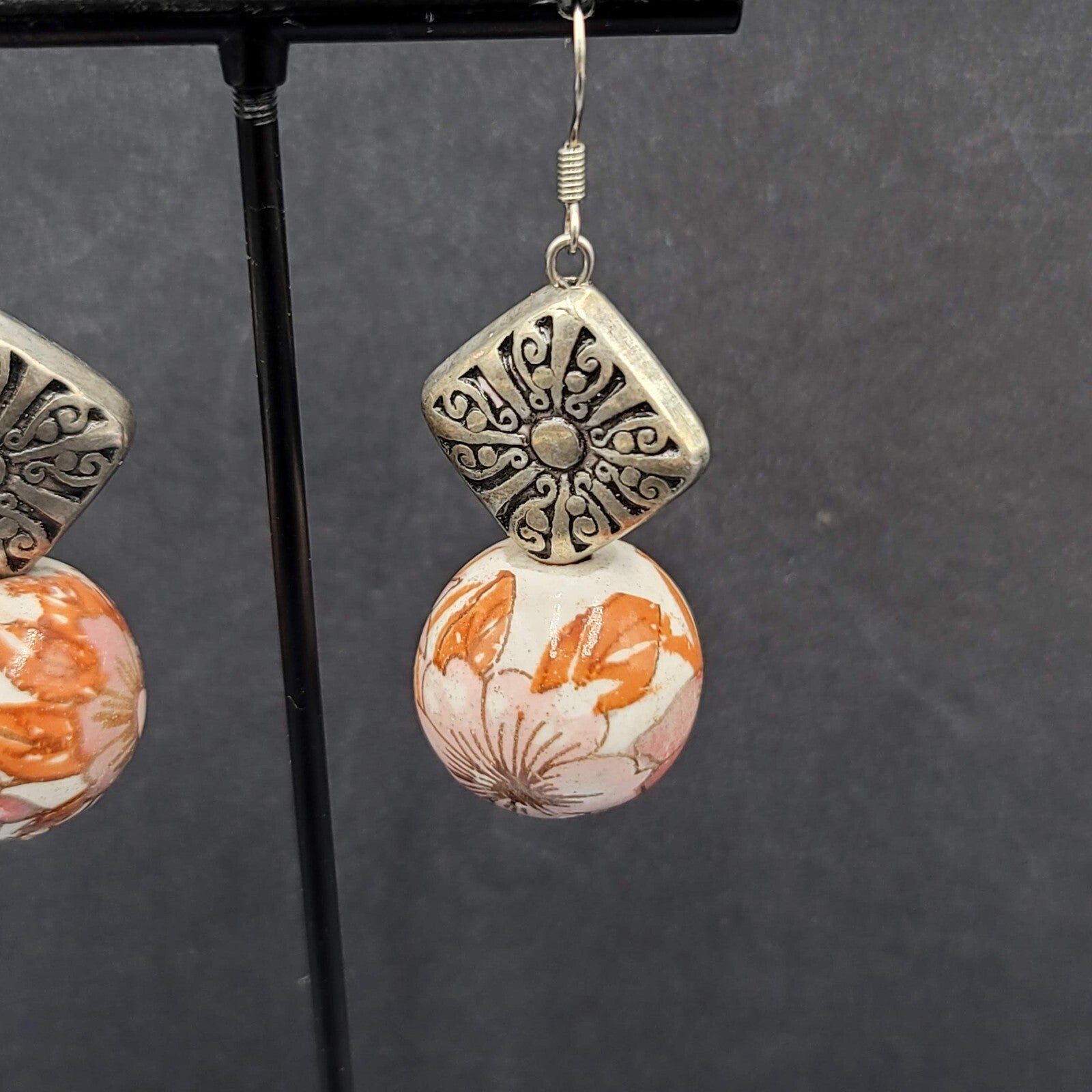 Pierced Earrings Silver tone Hand Painted Floral Pottery Bead  1.5"