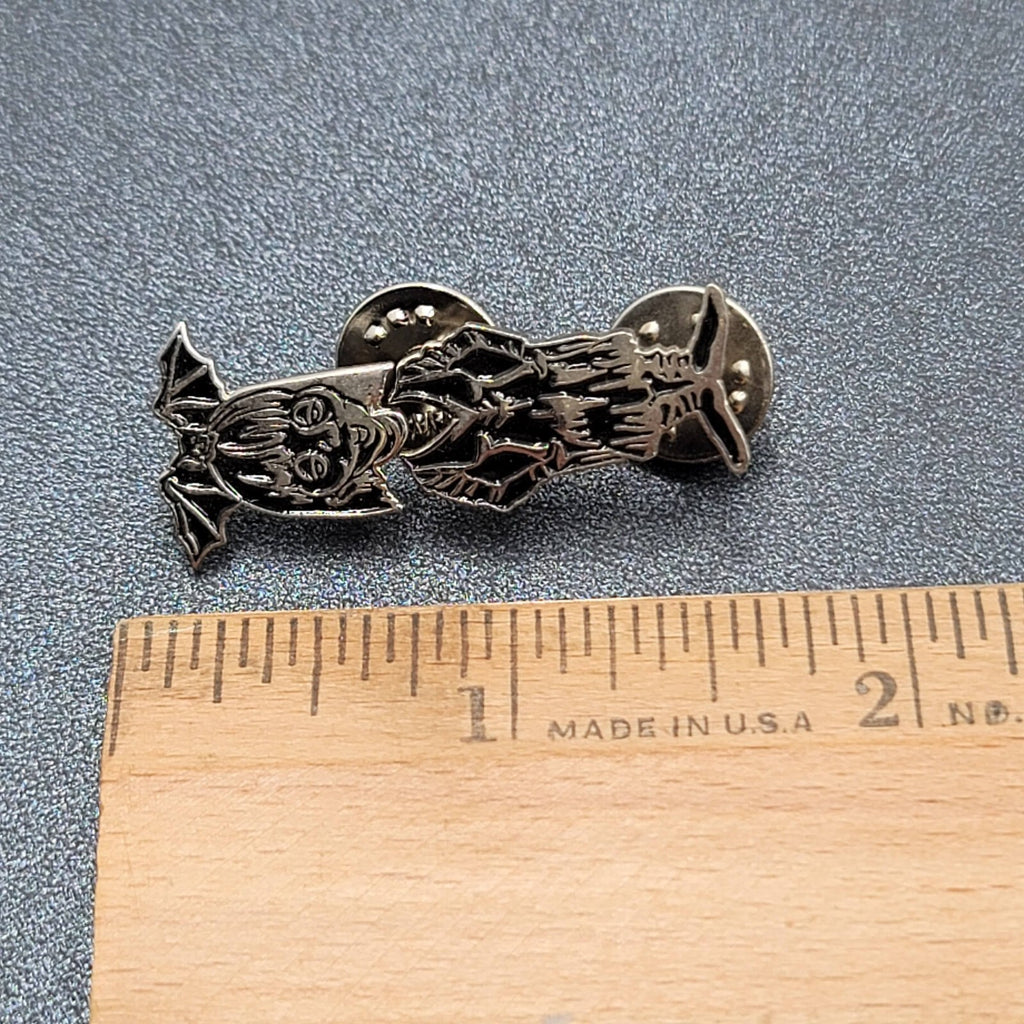 Bobble Head Bat Girl Lapel Pin Black Silver Oddity Goth Punk Rock
