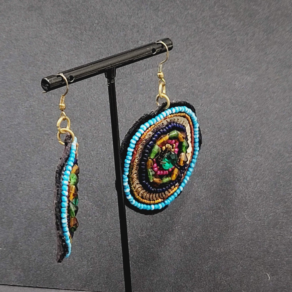 Boho Pierced Earrings Beaded Felt Medallion Dangle 1.75"